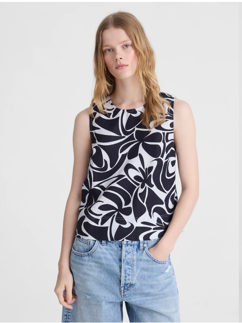 Madewell linen Sleeveless Black & White Floral Print Top